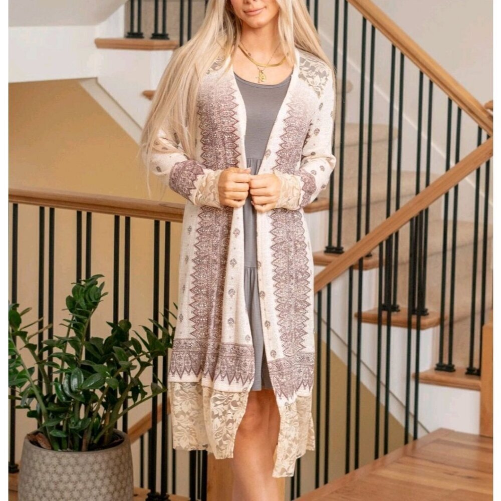Vocal Paula Lace & Rhinestones Long Open Cardigan Large Taupe Boho Embellished